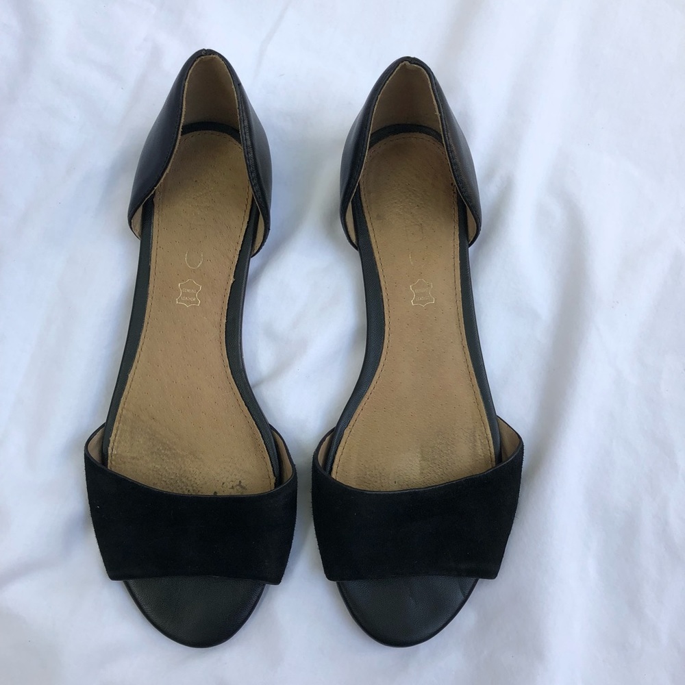 Aldo black leather and suede open toe flats
